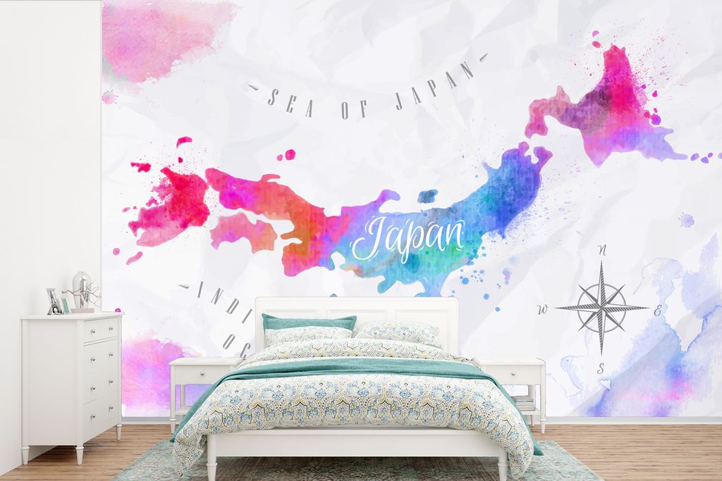 MuchoWow Fototapete für Wohnzimmer oder Schlafzimmer Wandtapete Vinyl Motivtapete Weltkarte - Farben - Japan - 390x260 cm - Papiertapete