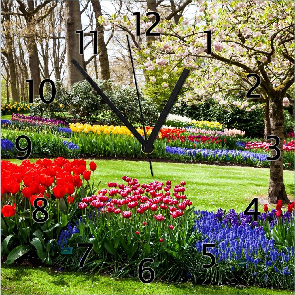 Wallario Design Wanduhr Bunte Blumen und Kirsch-Baum im Park blühen im Frühling aus Echtglas, Größe 30 x 30 cm