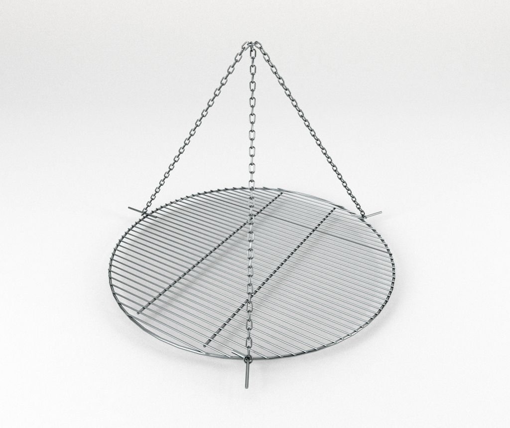 A round metal grill grate suspended by chains against a white background.