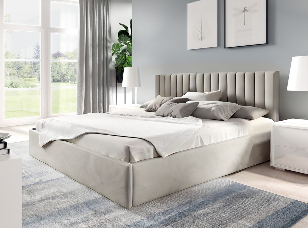 GUTTO Polsterbett nach Maß 180x200 Metall-Lattenrost Beige Velour Samtstoff Velvett mit Bettkasten und Stauraum