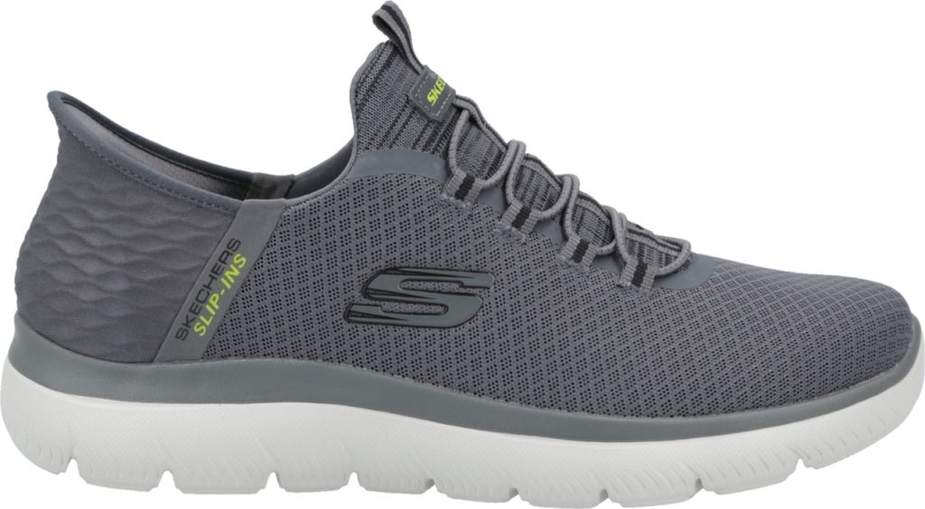 A side view of a gray Skechers men's sneaker.