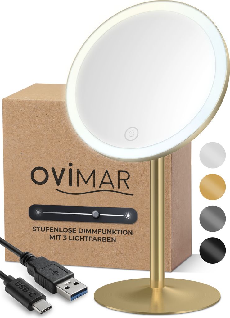 ovimar Kosmetikspiegel Saltum gold | mit Beleuchtung | wiederaufladbar | freistehend | im Badezimmer | 5fach Vergrößerungsspiegel | Schminkspiege...