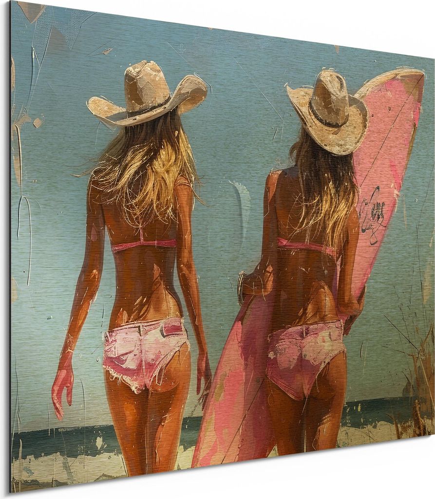 DEQORI Alu-Dibond Bild Gold 40x30 cm 'Wellenritt in Rosa' Wandbild Metall dünn Design