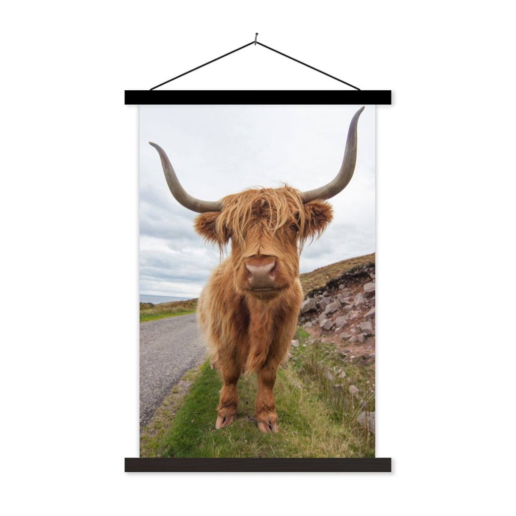 MuchoWow Textilposter Schottischer Highlander - Hörner - Berg 120x180 cm mit schwarzem Rahmen - Fotos