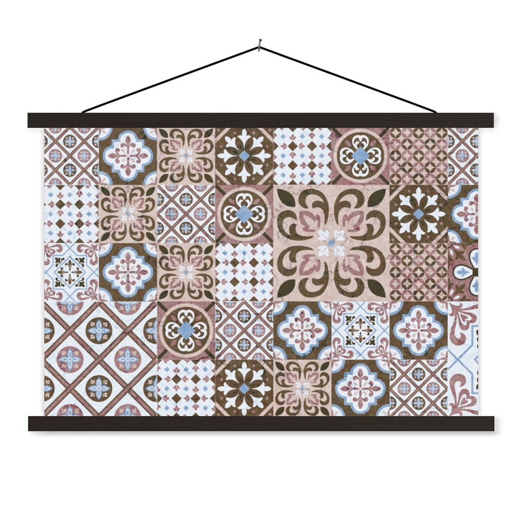 MuchoWow Textilposter Muster - Vintage - Braun - Blumen - Formen 150x100 cm mit schwarzem Rahmen - Schlafzimmer