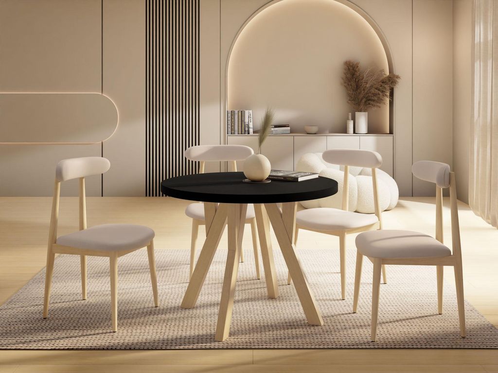 Runder Ausziehbarer Esstisch im Loft-Stil – Industrieller Tisch mit Holzbeinen – Platzsparender Tisch für Wohnzimmer – Schwarz – 100 bis 2...