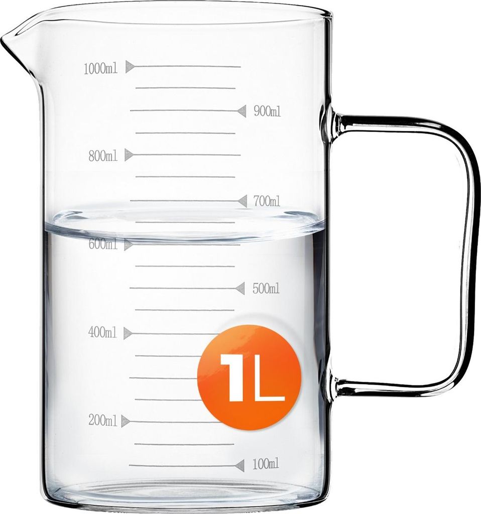 KADAX Messkrug 1L aus Glas, Messbecher aus hitzebeständigem Borosilikatglas, Glasmessbecher mit Ausgießer, Griff und gut lesbarer Skala, spülmas...