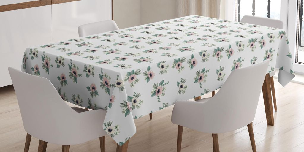 ABAKUHAUS Blumen Tischdecke, Artsy Gemälde von Anemone Blumen mit Blättern, 140 x 240 cm, Mehrfarbig Weiß