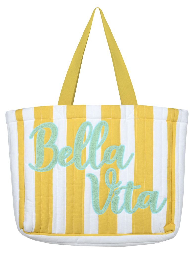 Tasche Bella Vita DOLCE VITA gelb-weiß, gestickter Schriftzug in Türkis, 44x35x10 cm