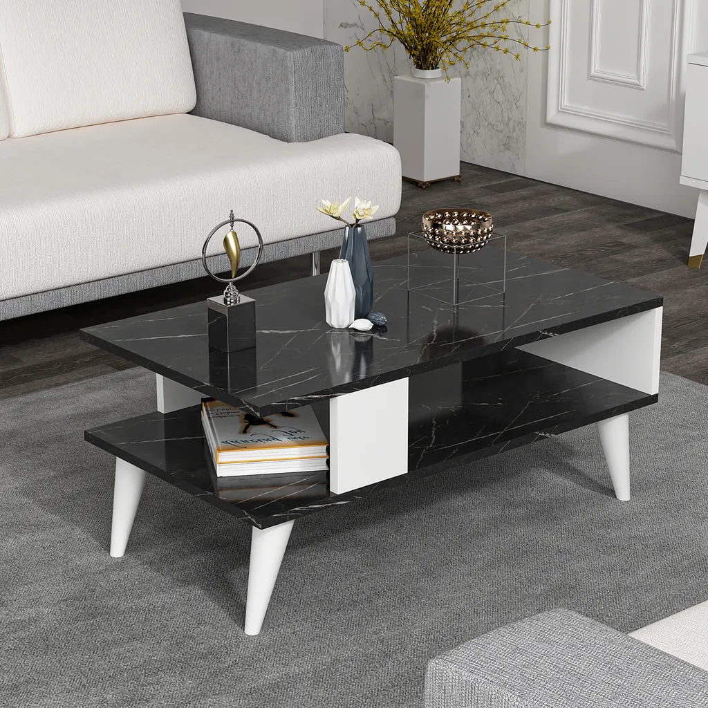 Tavolino da Salotto Lycksele Effetto Marmo Bianco con Ripiano Nero