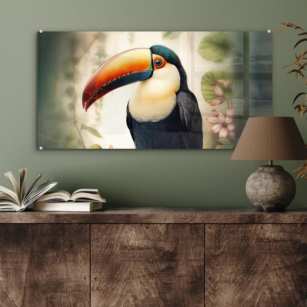 MuchoWow Glasbilder - Bilder auf Wandbild - Foto auf Glas Tukan - Vogel - Blumen - Pflanzen 80x40 cm Wanddekoration aus Glas - Acrylglasbild - Acry...