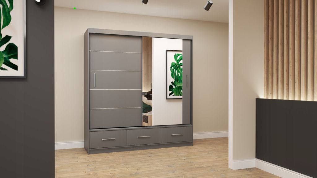 Easy4You Florence Grau Schiebetürenschrank Kleiderschrank 203x218x61 cm mit Spiegel - Schlafzimmermöbel, Aufbewahrung – Mehrzweckschrank mit 3 ...