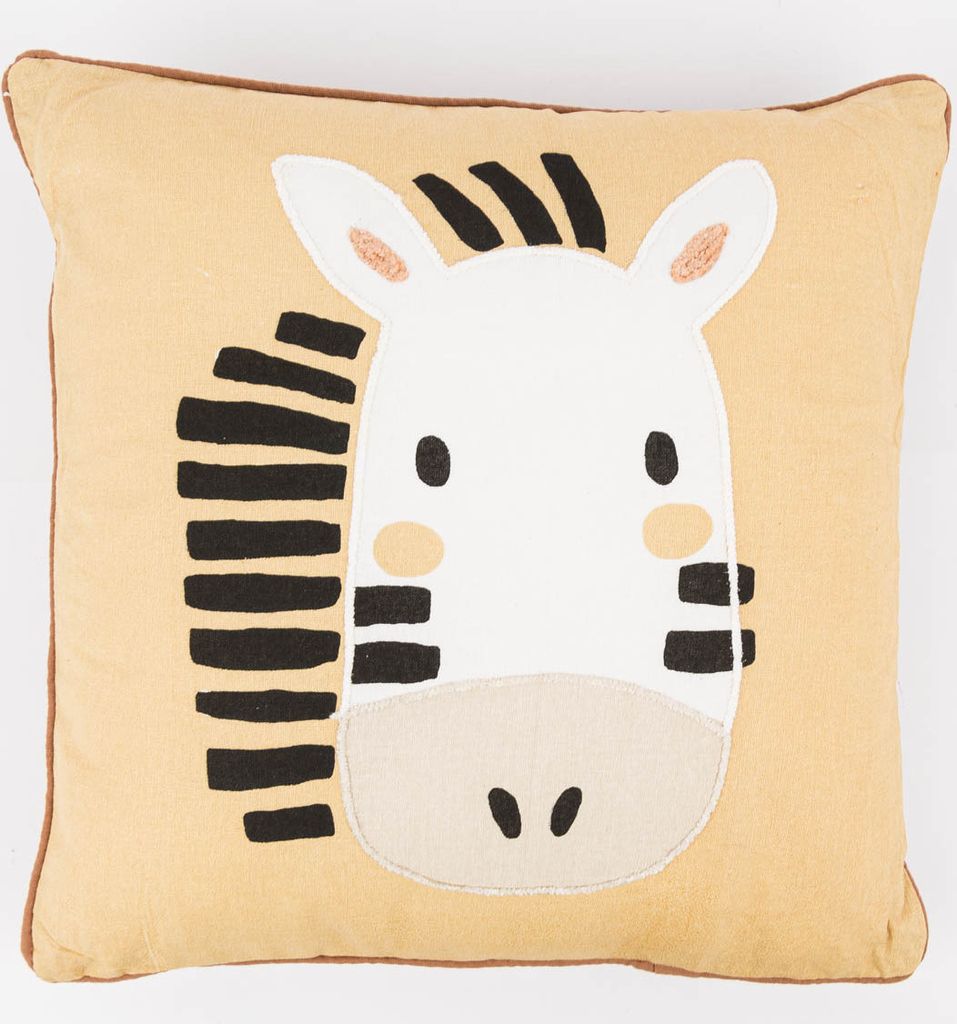 Kinderkissen mit Zebragesicht aus Baumwolle gelb braun weiß schwarz 40x40cm