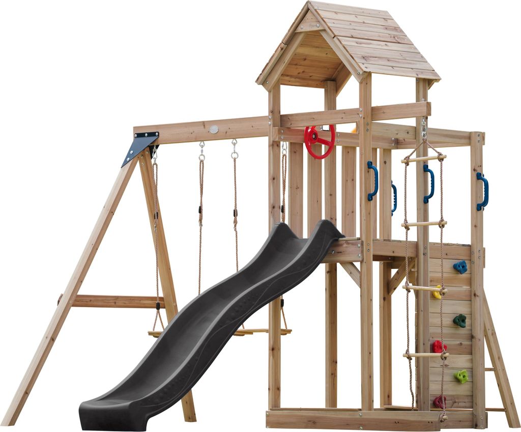 AXI Moos Spielturm aus Holz mit 2 Schaukeln & Strickleiter | XXL Spielhaus / Spielplatz für Kinder mit Kletterwand, Sandkasten & Rutsche in Grau |...