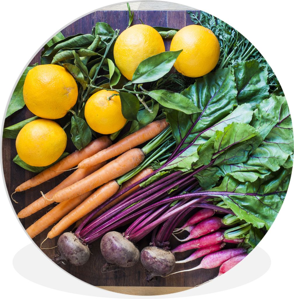 MuchoWow Rundes Wandbild - Runde Bilder Gemüse - Obst - Holzkiste Ø 60 cm Kreis Wanddekoration Kunststoff - Wandkreis - Wandschmuck - Wand Krei...