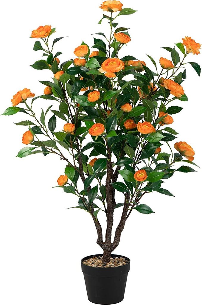 GOPLUS 94cm Künstlicher Kamelienbaum, Kunstpflanzen im Topf mit natürlichen blättern und Kamelie, Kunstlicher Dekopflanze