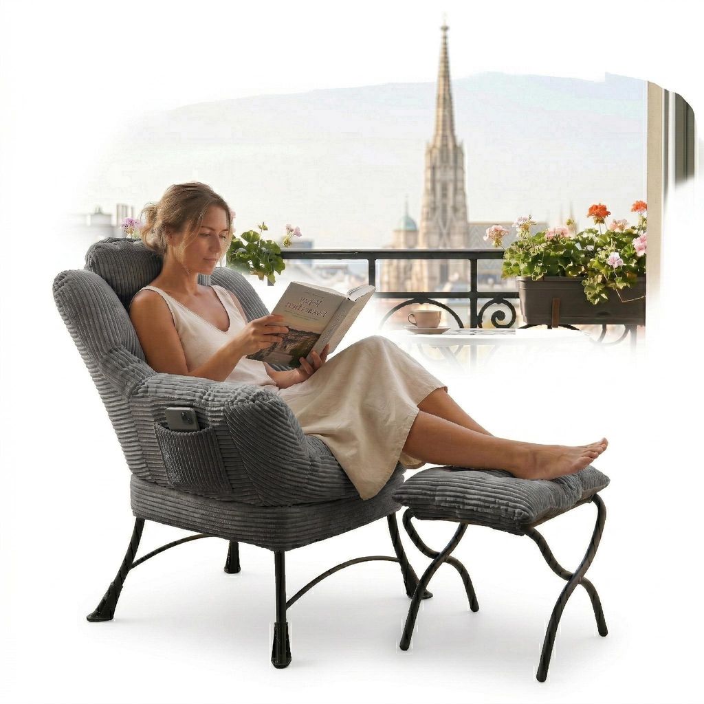 LVHOM Relaxsessel mit Hocker, Armlehnstuhl Fernsehsessel Lesesessel mit Seitentasche, Cord Bezug, bis 180kg belastbar, Grau