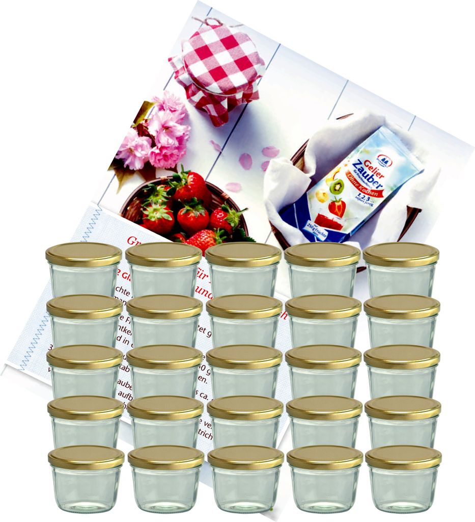 A set of glass jars with golden lids, accompanied by strawberries, flowers, and a packet of gelling sugar.