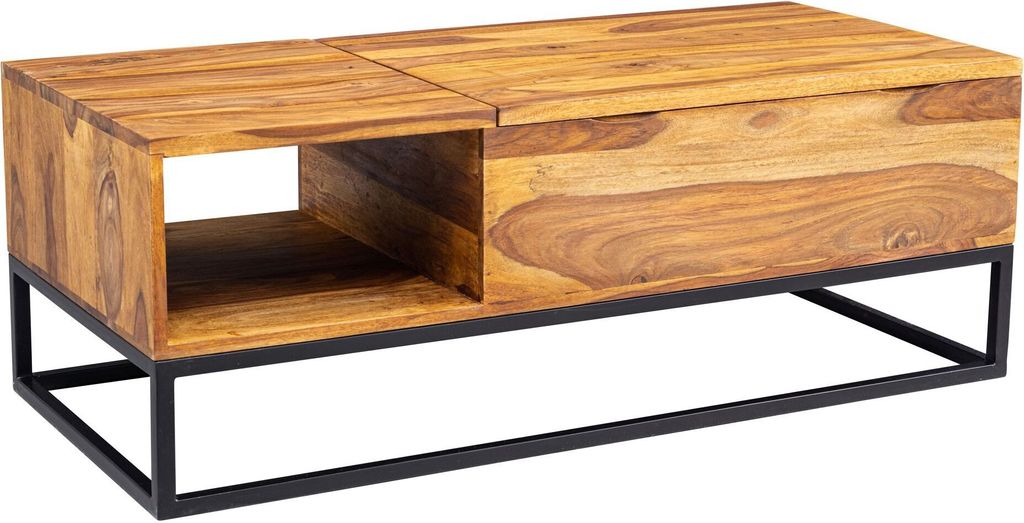 Couchtisch Sheesham Massivholz 110x40x50 cm Sofatisch mit Metallbeinen | Wohnzimmertisch Tischplatte aufklappbar | Holztisch Tisch Industrial Design