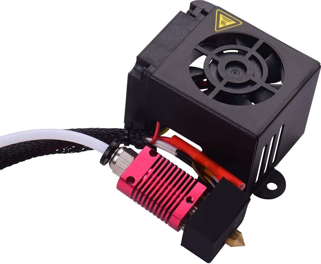 A 3D printer hotend assembly with a fan and wiring, shown against a white background.