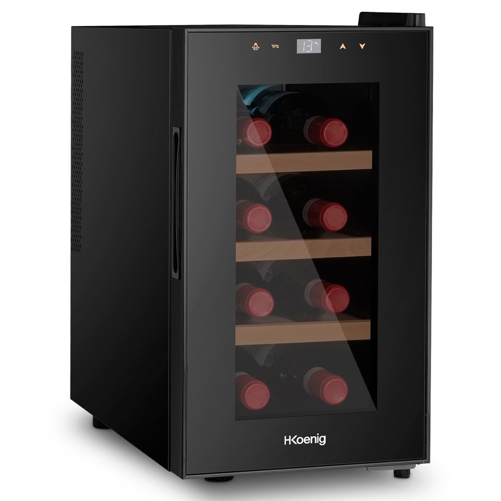 H.Koenig AGE8 Weinkühlschrank / 8 Flaschen / Temperatur von 11°C bis 18°C / LED-Temperaturanzeige / Holzlagerböden, Schwarz....