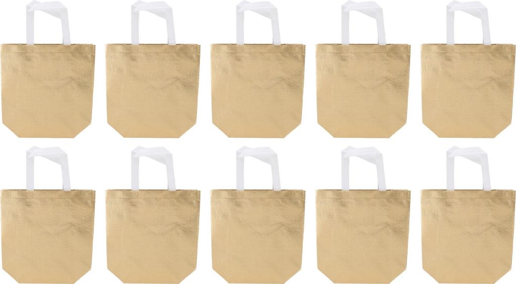 10Pcs Glossy Reusable Gift Bags Set Metallic Bling Design Non Woven Fabrics Tote Bulk with Handles for Holiday Parties Gold