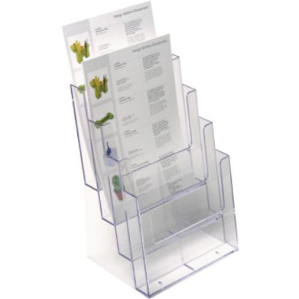 helit Tisch-Prospekthalter, DIN A4 hoch, 4 Fächer, glasklar aus Acryl, Maße: (B)230 x (T)170 x (H)345 mm (H2352402)