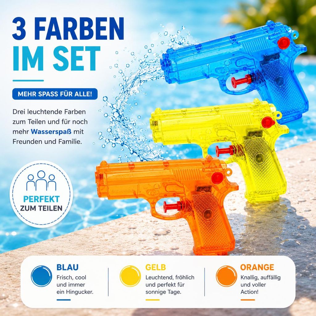 3x Wasserpistolen Set 12 cm für Kinder & Erwachsene