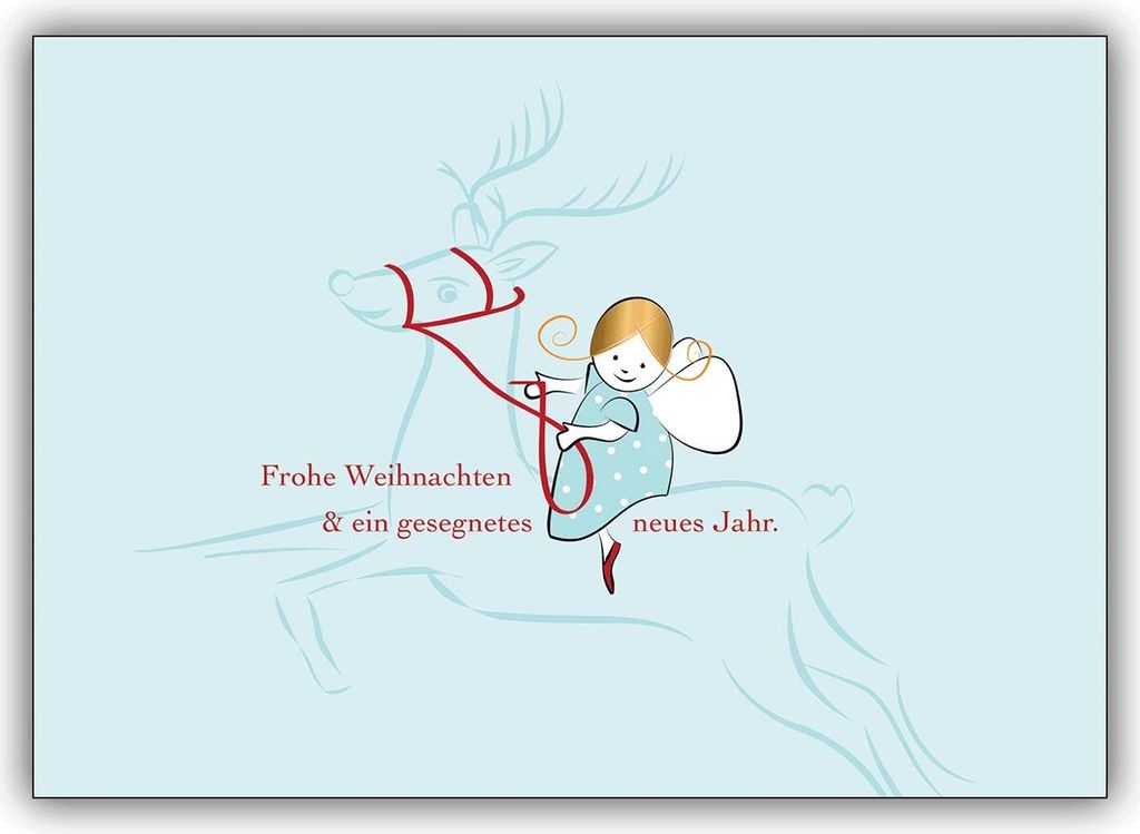 4x Designer Weihnachtskarte mit kleinem Engel auf Rentier