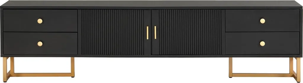 Armoire TV basse noire chic à portes structurées et finitions dorées