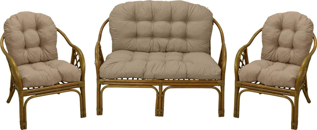 A set of rattan furniture including two armchairs and a two-seater bench, all with beige cushions, displayed against a white background.