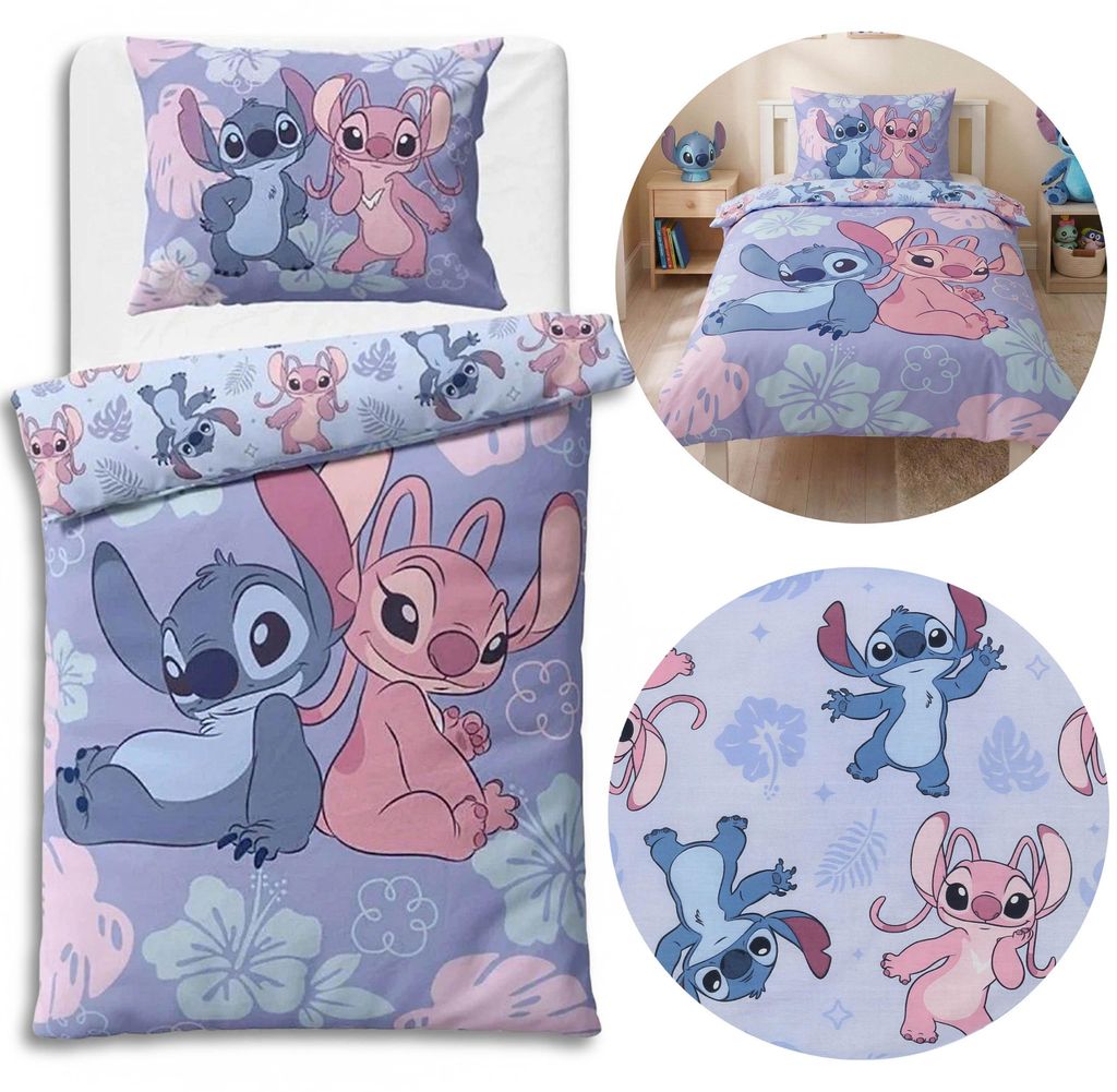 DISNEY Stitch Bettwäsche für Kinder, 140x200 cm + 70x90 cm, 100% Baumwolle, doppelseitig, blau, mit Reißverschluss,