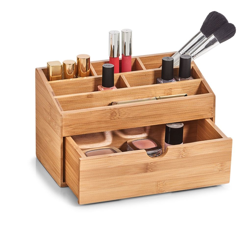 A bamboo organizer for makeup and cosmetics, with a drawer, on a white background.