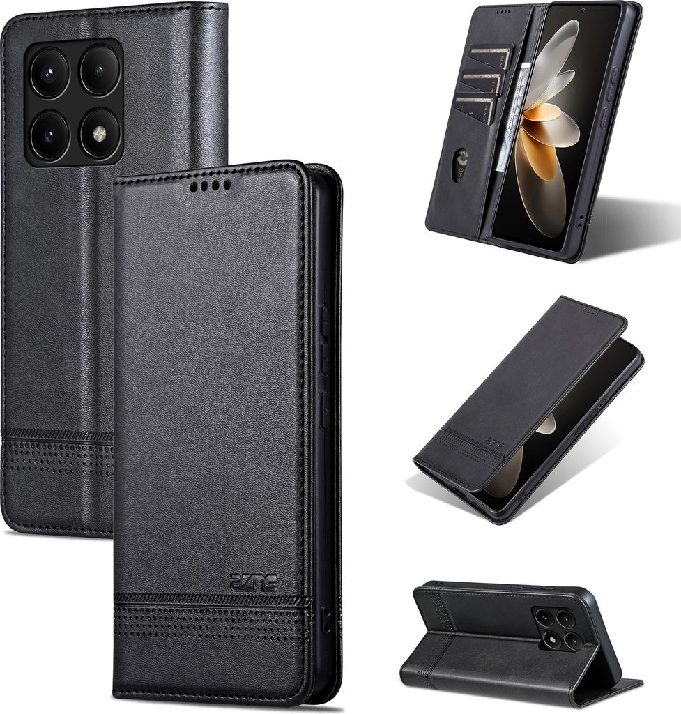 Leder Hülle für Xiaomi Redmi K70E, Klapphüllen Brieftasche Magnetverschluss Ständer Schutzhülle Schwarz