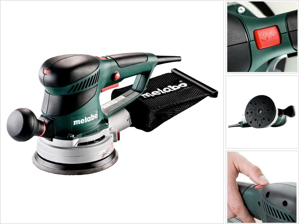 A collage of images showing a Metabo sander and close-ups of its features.