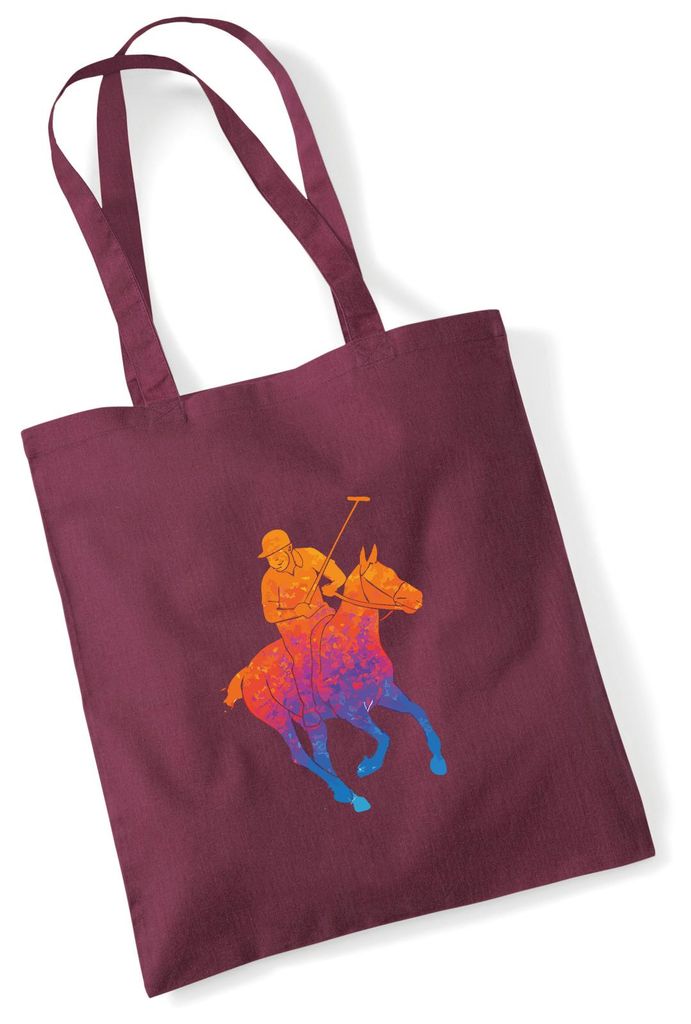 Huuraa Jutebeutel Polo Spieler bunte Silhouette 10 Liter Burgundy Baumwolle Tasche Geschenkidee