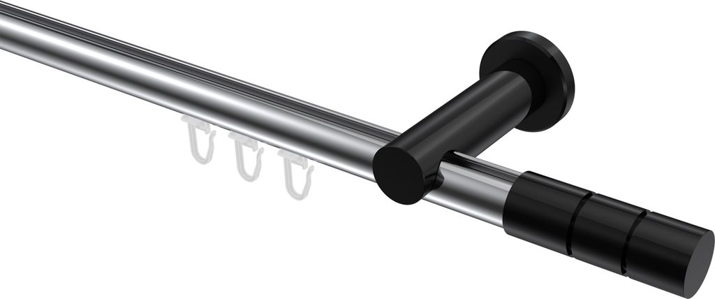Interdeco Innenlaufstange / Gardinenstange mit Innenlauf Chrom / Schwarz, Typ Platon Elanto (Rillenzylinder), 20 mm Ø 1-läufig, 160 cm