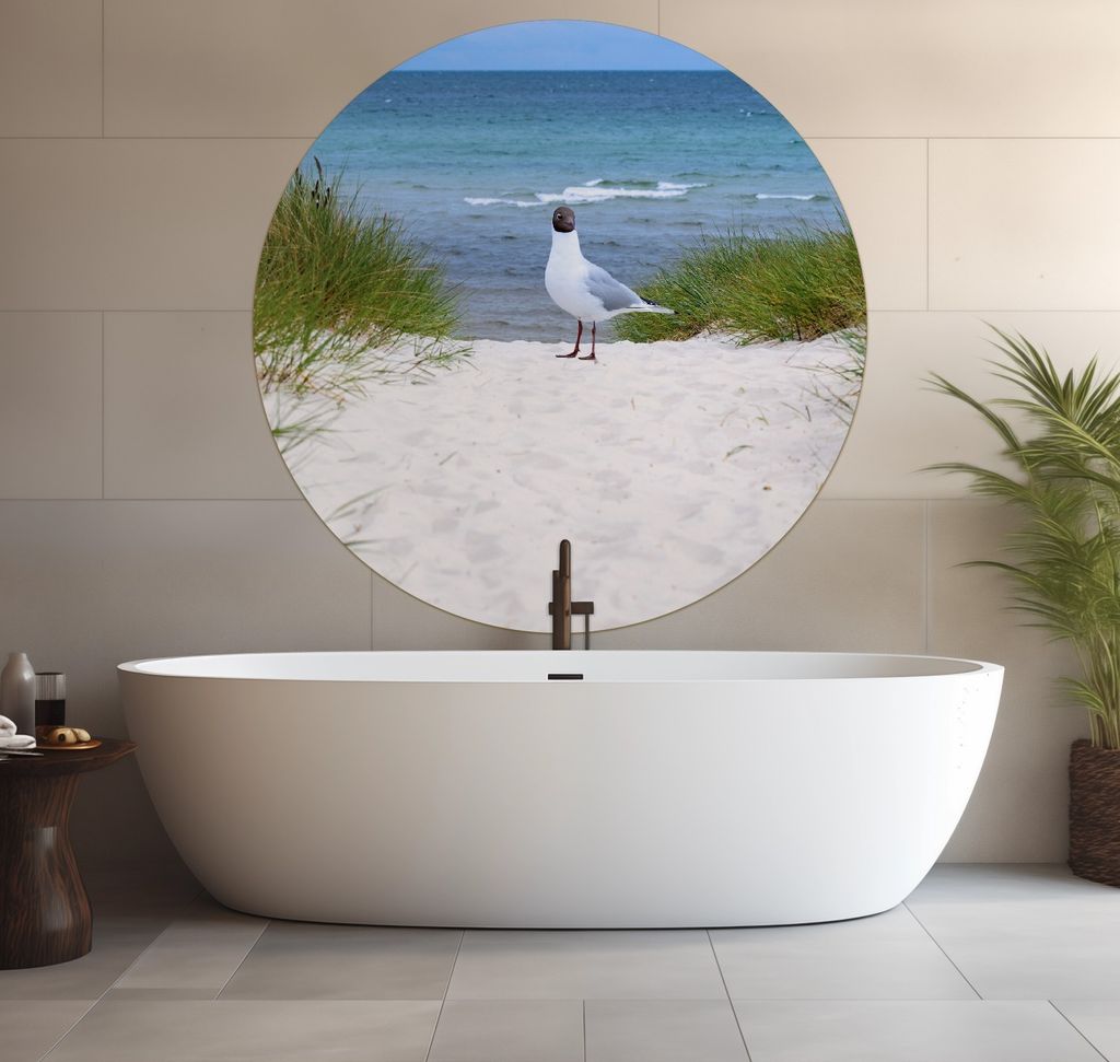 Wallario wasserfestes Poster selbstklebend 120 x 120 cm, Möwe auf der Düne, Badezimmerposter Spritzschutz mit Hochglanzoberfläche in Glasoptik