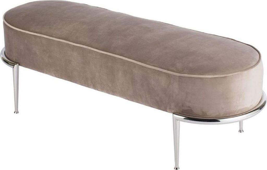 Casa Padrino Luxus Sitzbank Taupe / Silber 120 x 50 x H. 47 cm - Gepolsterte Samt Bank mit Edelstahl Gestell - Luxus Möbel