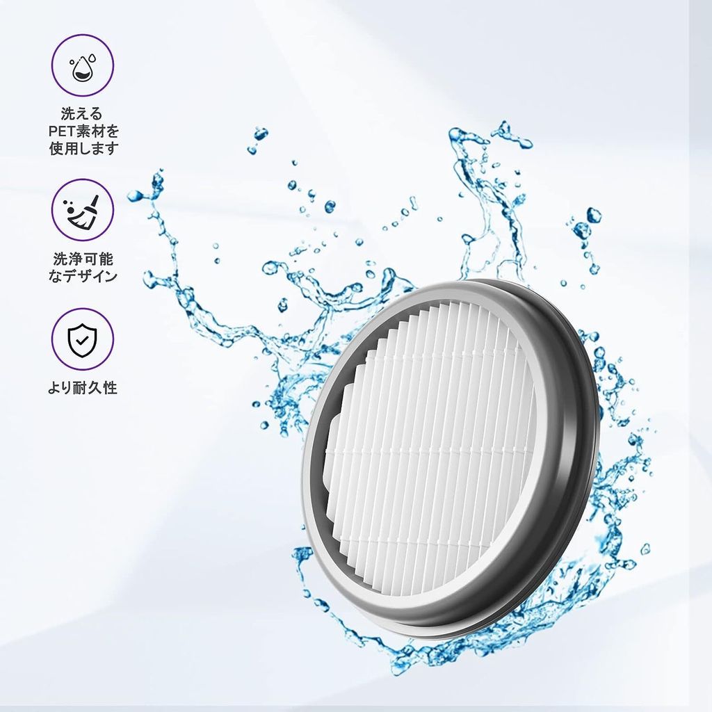 A round HEPA filter is shown with water splashing around it, against a light background. Icons and text describing features are on the left.