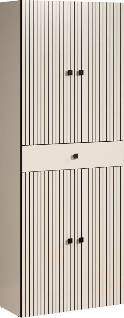 A tall, narrow cabinet with vertical ribbed doors and a single drawer in the middle.
