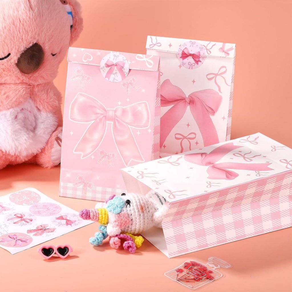 Rosa Schleifen Papier Geschenkbeutel - 12 Stück mit Aufklebern