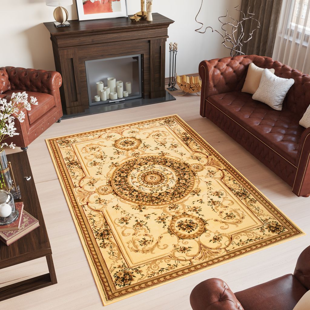 Teppich Wohnzimmer Schlafzimmer Kurzflor Design Klassisch Muster Floral Creme Beige 60 x 100 cm