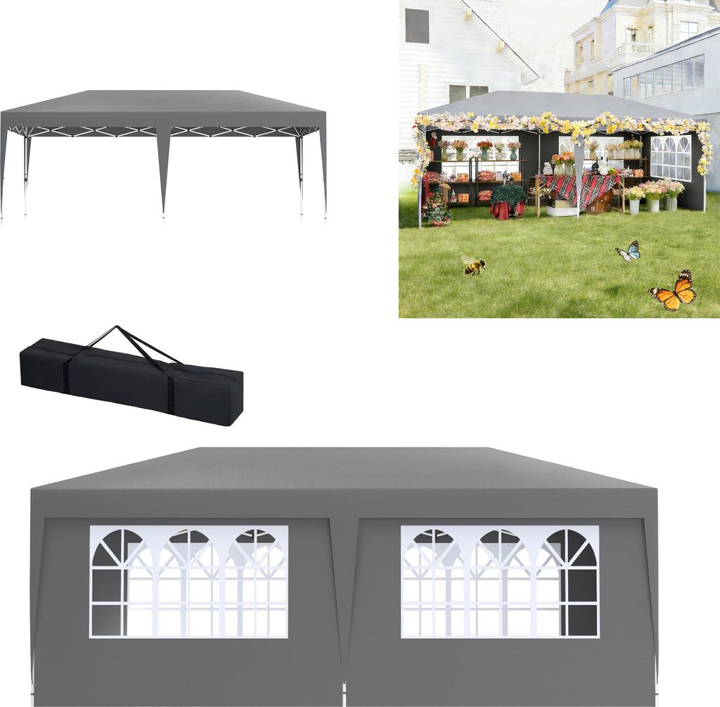 XMTECH Faltpavillon 3x6 m, Wasserdicht, UV-Schutz, Höhenverstellbar, Faltbares Partyzelt, Gartenzelt, Outdoor Zelt mit Tragetasche, Grau