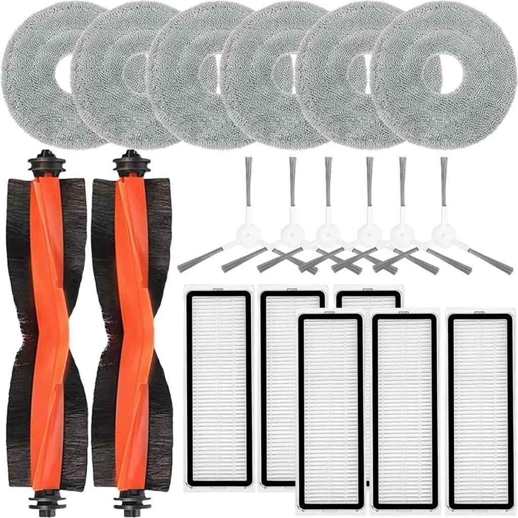 A collection of cleaning accessories for a robot vacuum cleaner, including mop pads, brushes, and filters, laid out on a white background.