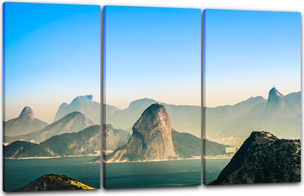 Leinwandbild 3-teilig (120x80cm): Landschaftsbilder Berg ragt aus Wasser, umhüllt von Nebel, echter Holz-Keilrahmen inkl. Aufhänger, handgefertig...