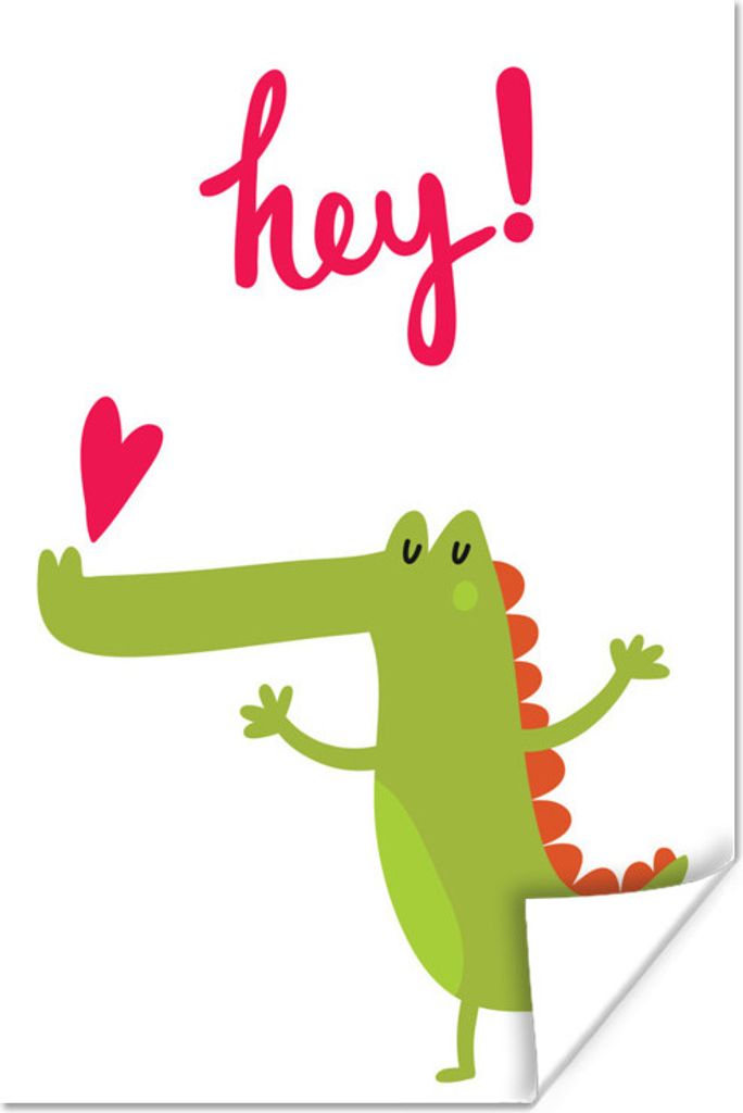 MuchoWow Poster Illustration eines Krokodils, eines Herzens und des Zitats "Hey!". 60x90 cm - Wanddekoration