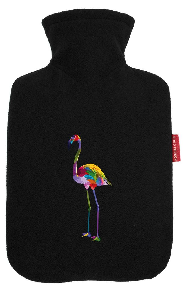 Huuraa Wärmflasche Flamingo Colorful 1,8 Liter Black Classic Veloursbezug Bettflasche Geschenkidee