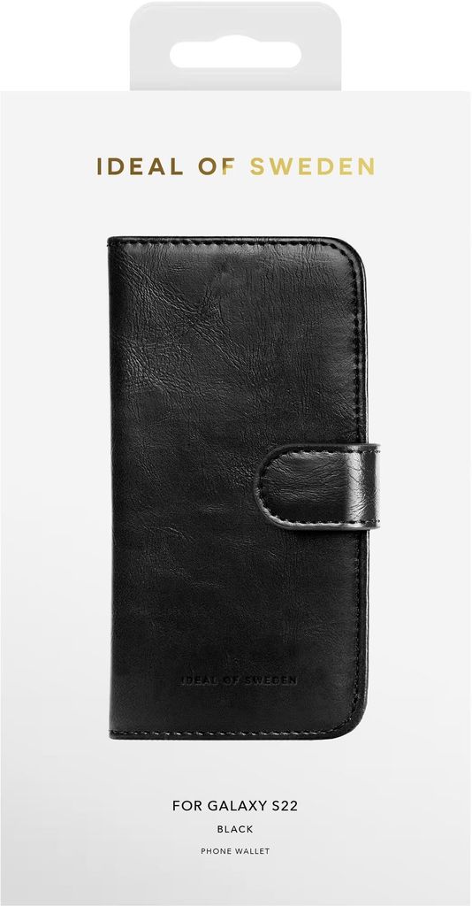 The image shows the packaging of a black phone wallet for a Samsung Galaxy S22.
