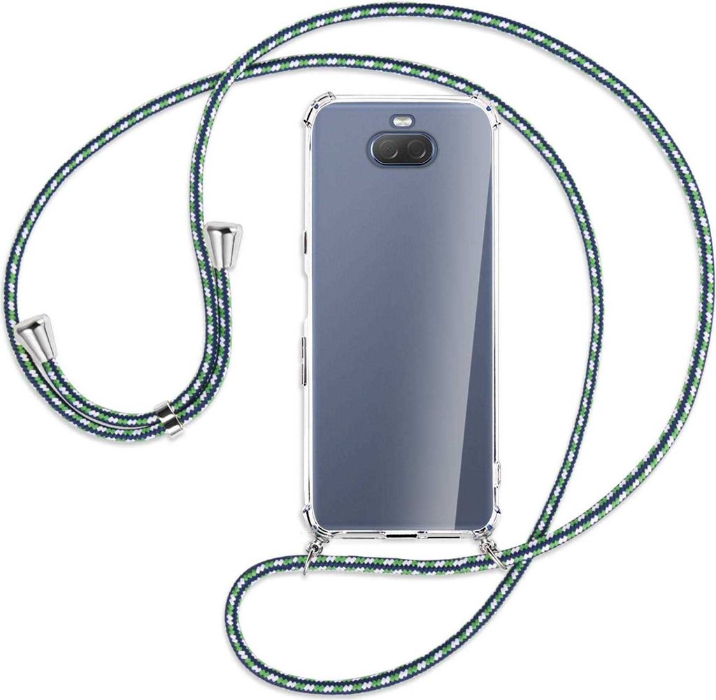 Handykette Backcover-Schutzhülle mit Band (Metall silberfarben) für Sony Xperia 10 - grün/blau/weiß